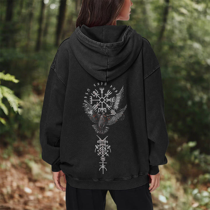 WorldNorse Viking Symbol Raven Vegvisir Washed Hoodie