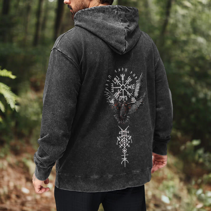 WorldNorse Viking Symbol Raven Vegvisir Washed Hoodie