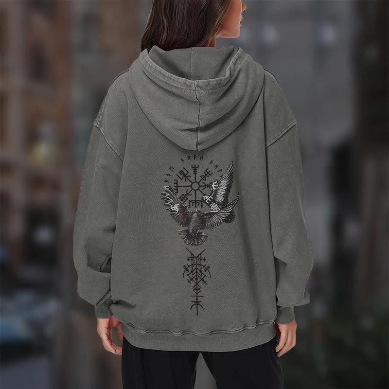 WorldNorse Viking Symbol Raven Vegvisir Washed Hoodie