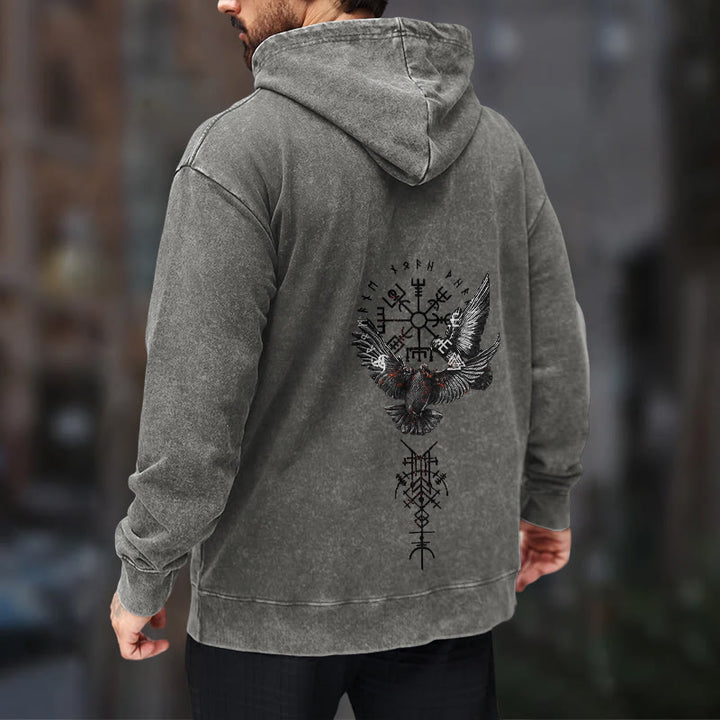 WorldNorse Viking Symbol Raven Vegvisir Washed Hoodie