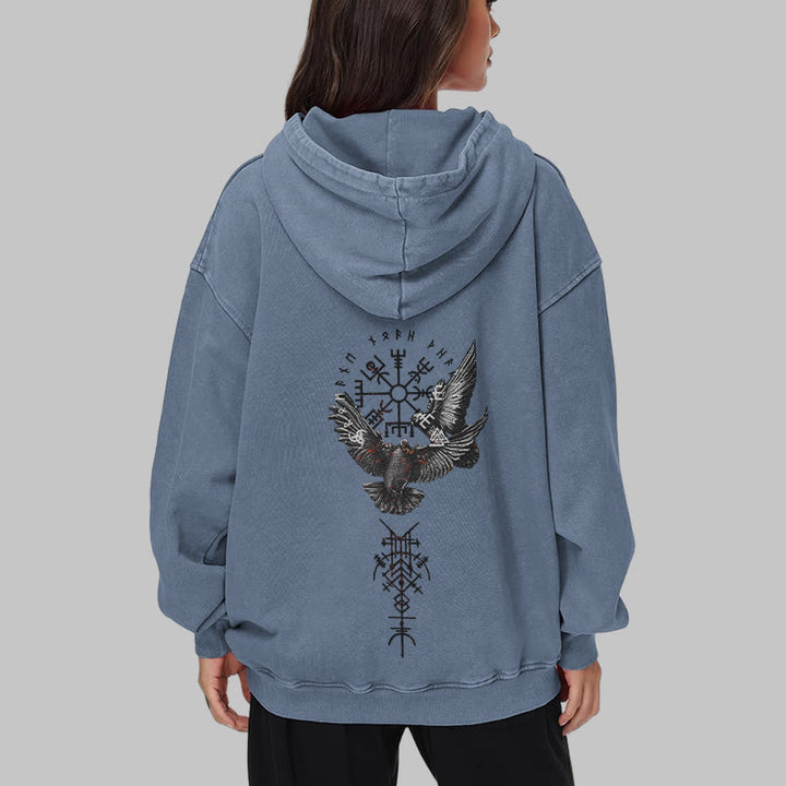 WorldNorse Viking Symbol Raven Vegvisir Washed Hoodie