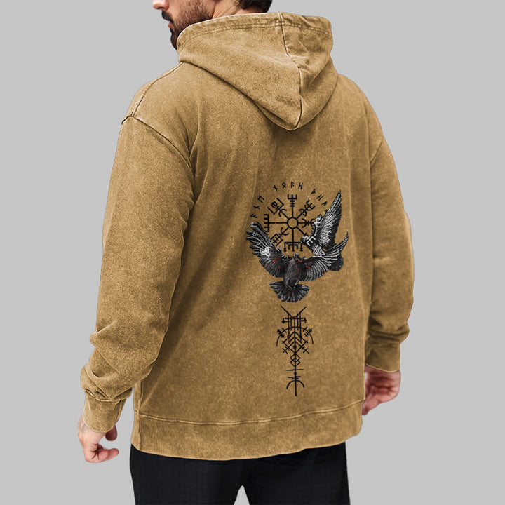 WorldNorse Viking Symbol Raven Vegvisir Washed Hoodie