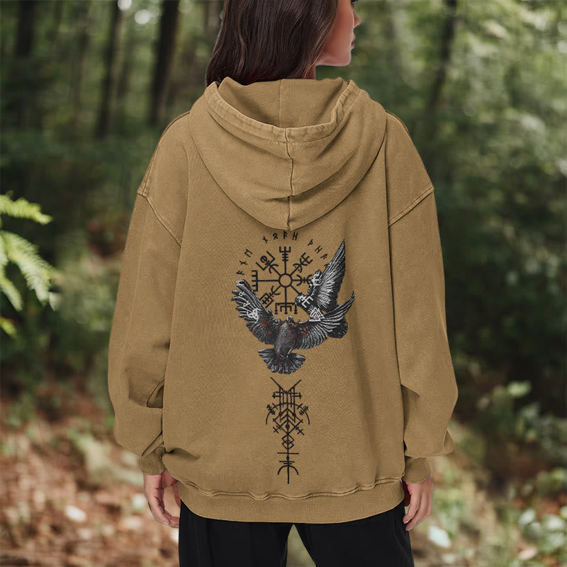 WorldNorse Viking Symbol Raven Vegvisir Washed Hoodie