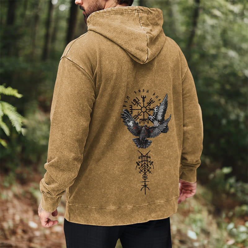 WorldNorse Viking Symbol Raven Vegvisir Washed Hoodie