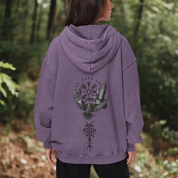 WorldNorse Viking Symbol Raven Vegvisir Washed Hoodie