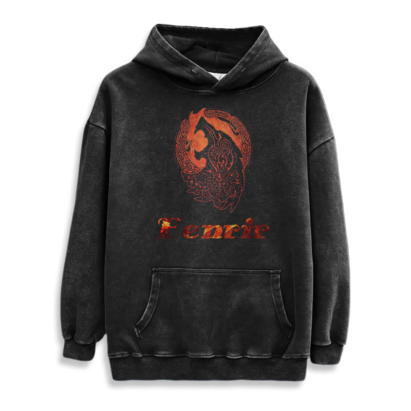 WorldNorse Fenrir Wolve Fire Washed Hoodie