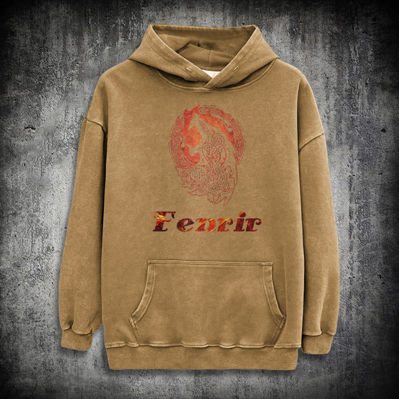 WorldNorse Fenrir Wolve Fire Washed Hoodie - Khaki - 3XL - image 26