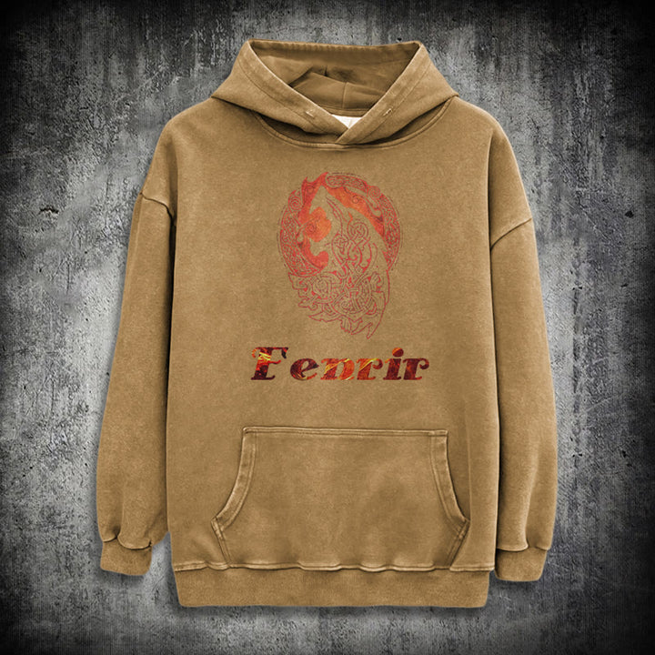 WorldNorse Fenrir Wolve Fire Washed Hoodie - Khaki - 3XL - image 26