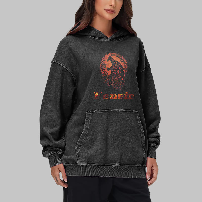 WorldNorse Fenrir Wolve Fire Washed Hoodie