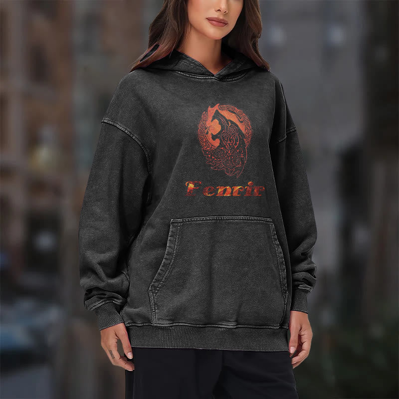 WorldNorse Fenrir Wolve Fire Washed Hoodie