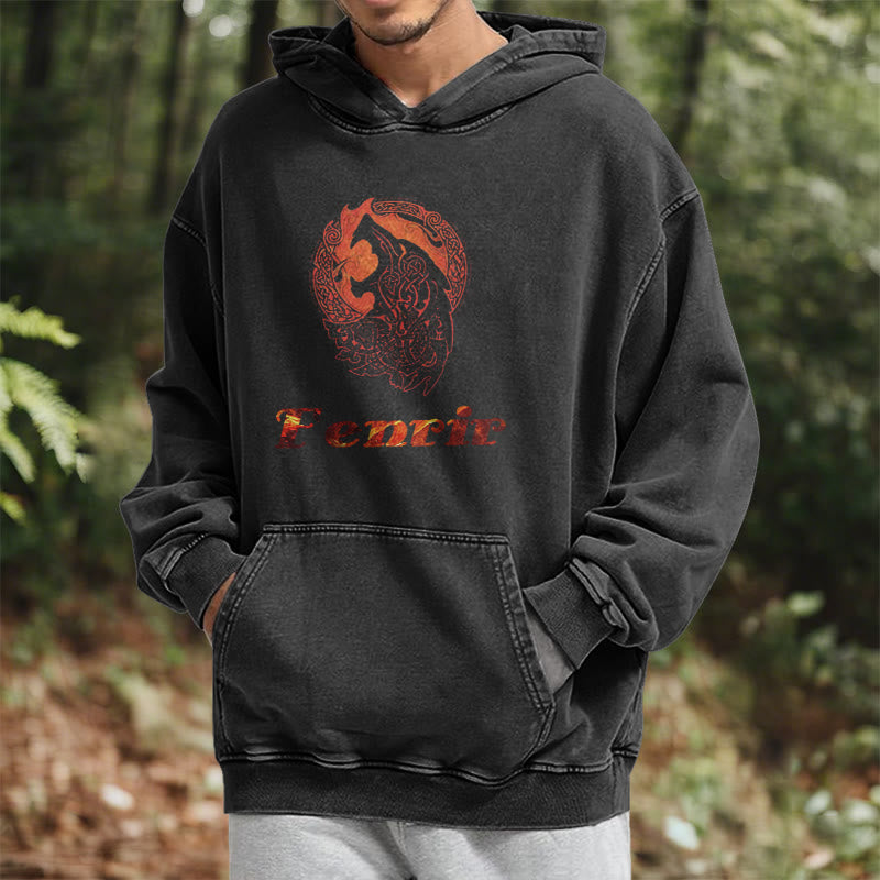 WorldNorse Fenrir Wolve Fire Washed Hoodie