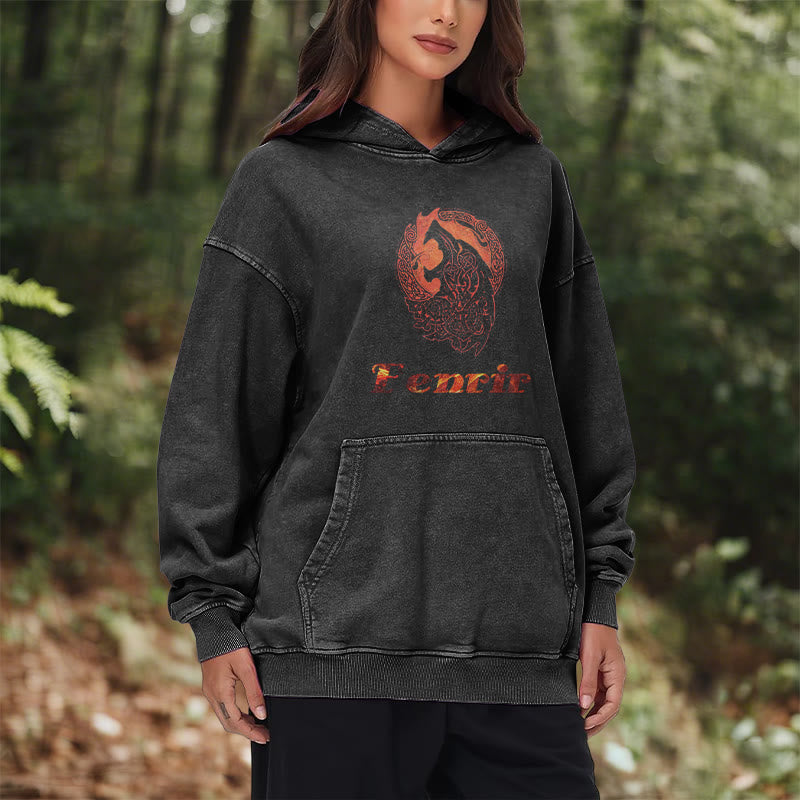 WorldNorse Fenrir Wolve Fire Washed Hoodie