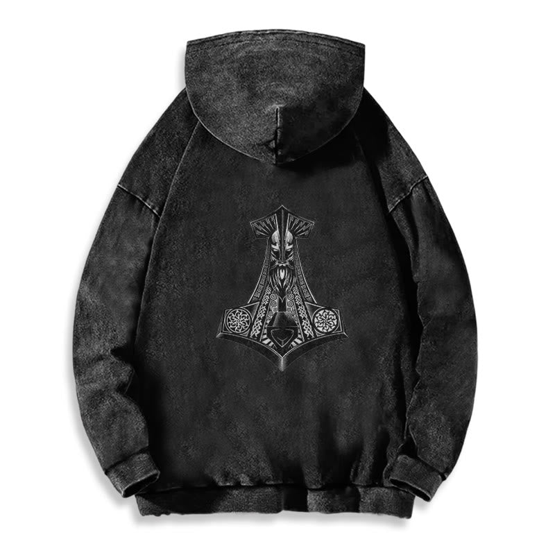 WorldNorse Odin Thor's Hammer Double-Sided Washed Hoodie