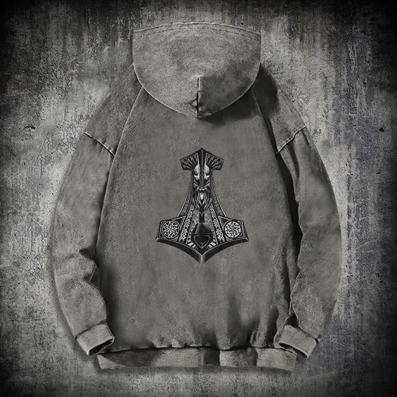 WorldNorse Odin Thor's Hammer Double-Sided Washed Hoodie