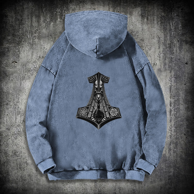 WorldNorse Odin Thor's Hammer Double-Sided Washed Hoodie