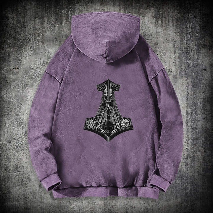 WorldNorse Odin Thor's Hammer Double-Sided Washed Hoodie