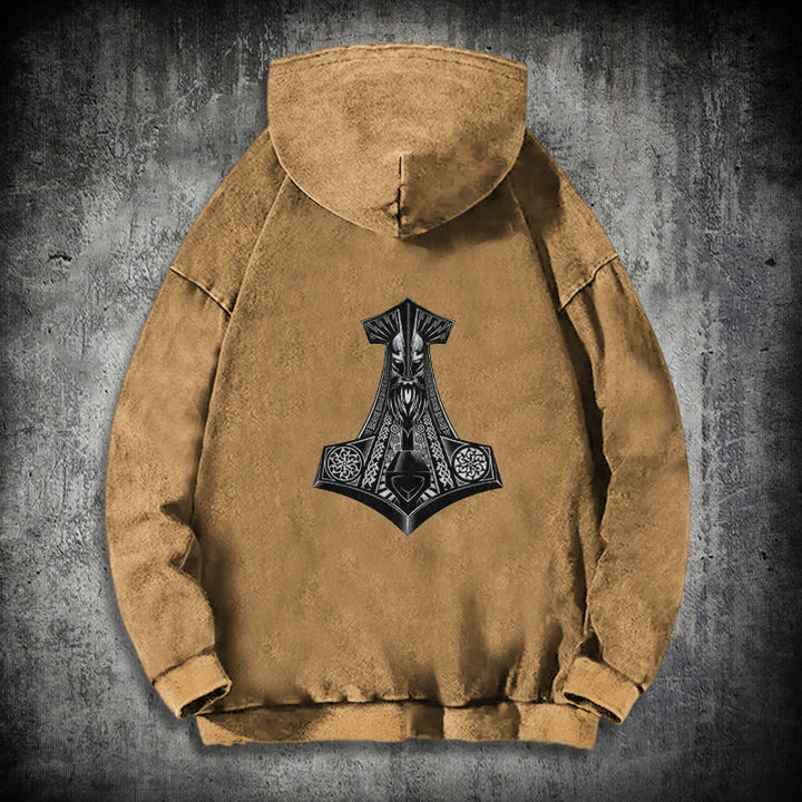 WorldNorse Odin Thor's Hammer Double-Sided Washed Hoodie