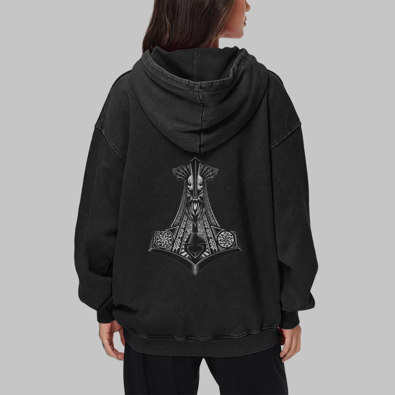 WorldNorse Odin Thor's Hammer Double-Sided Washed Hoodie