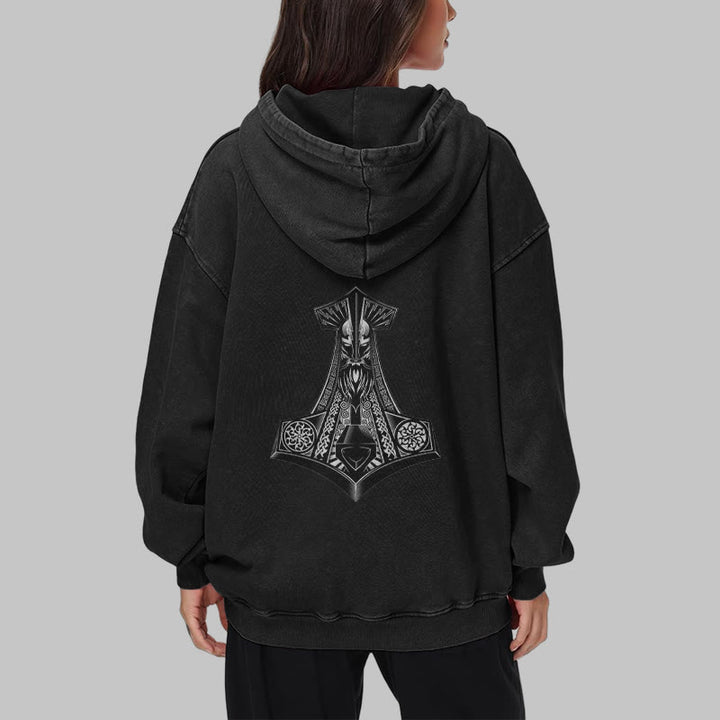 WorldNorse Odin Thor's Hammer Double-Sided Washed Hoodie