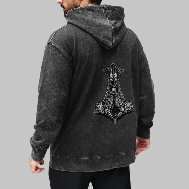 WorldNorse Odin Thor's Hammer Double-Sided Washed Hoodie