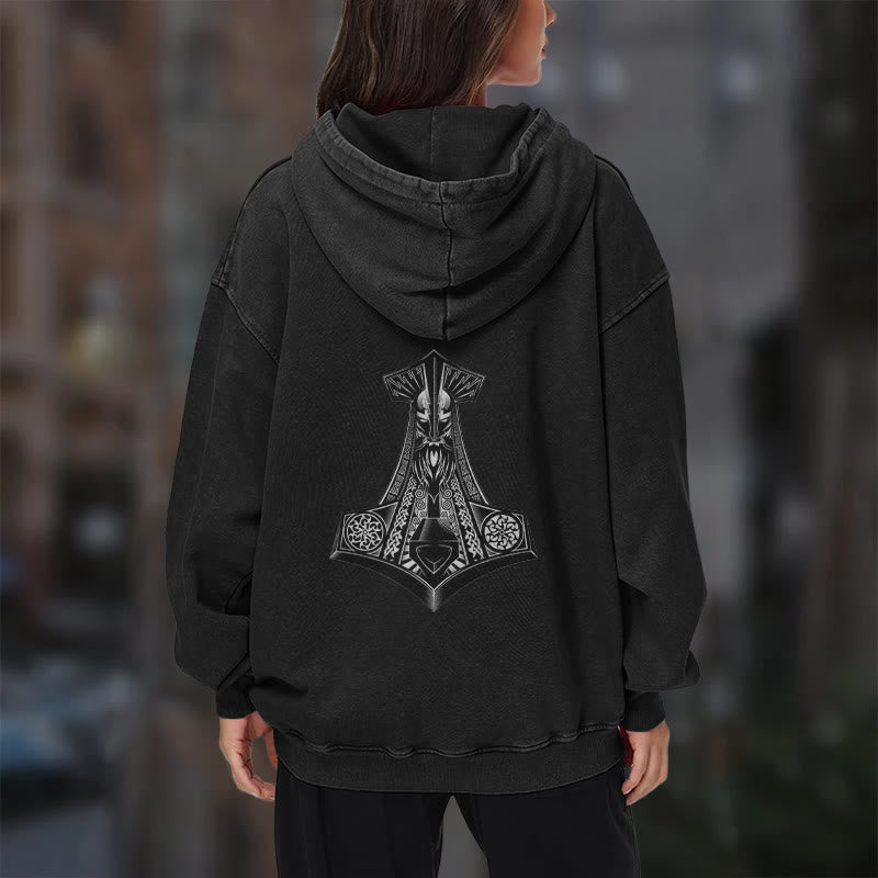 WorldNorse Odin Thor's Hammer Double-Sided Washed Hoodie