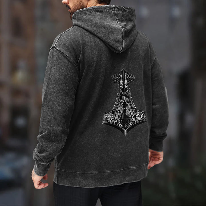 WorldNorse Odin Thor's Hammer Double-Sided Washed Hoodie