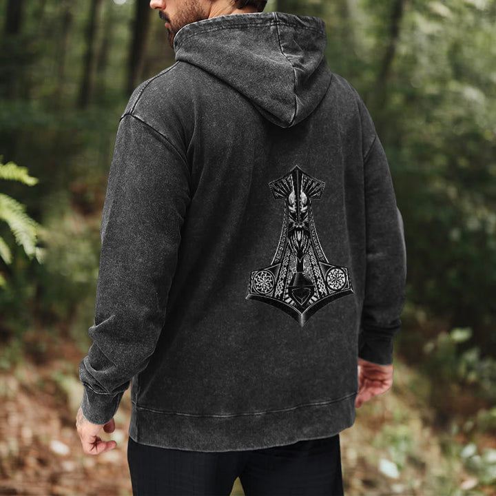 WorldNorse Odin Thor's Hammer Double-Sided Washed Hoodie