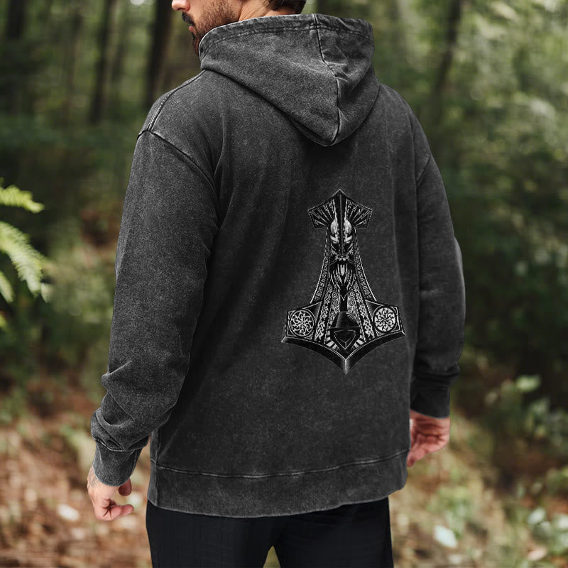 WorldNorse Odin Thor's Hammer Double-Sided Washed Hoodie - image 9