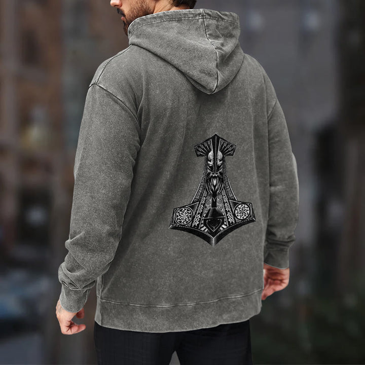 WorldNorse Odin Thor's Hammer Double-Sided Washed Hoodie