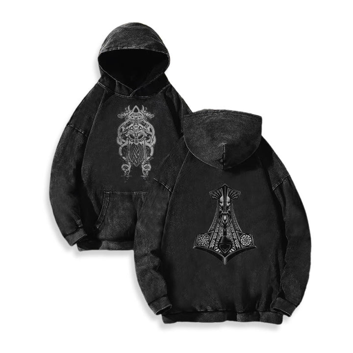 WorldNorse Odin Thor's Hammer Double-Sided Washed Hoodie