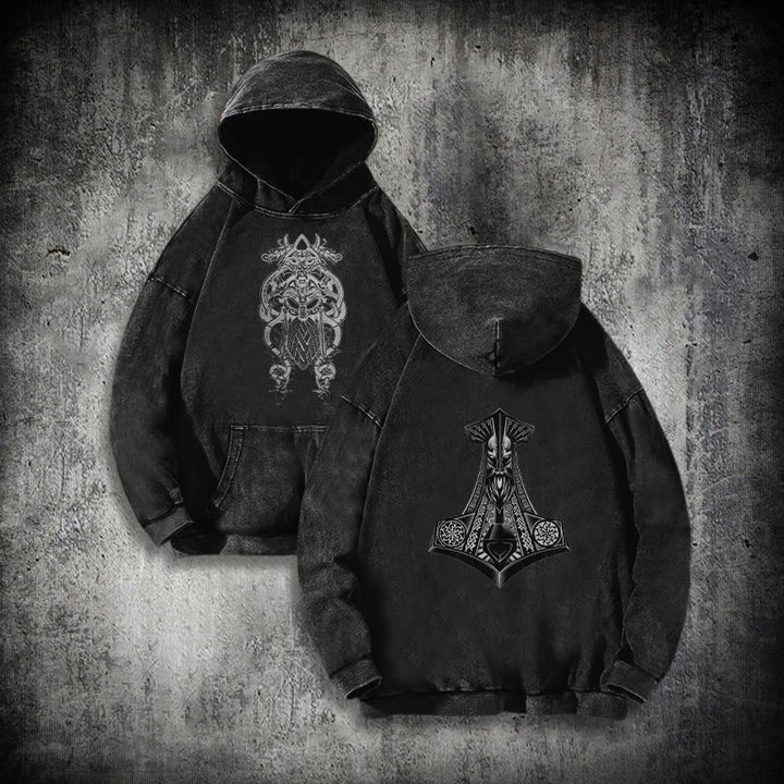 WorldNorse Odin Thor's Hammer Double-Sided Washed Hoodie