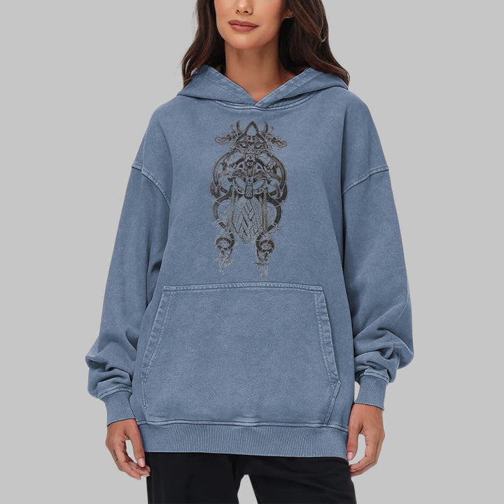 WorldNorse Odin Thor's Hammer Double-Sided Washed Hoodie