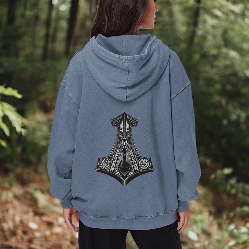 WorldNorse Odin Thor's Hammer Double-Sided Washed Hoodie