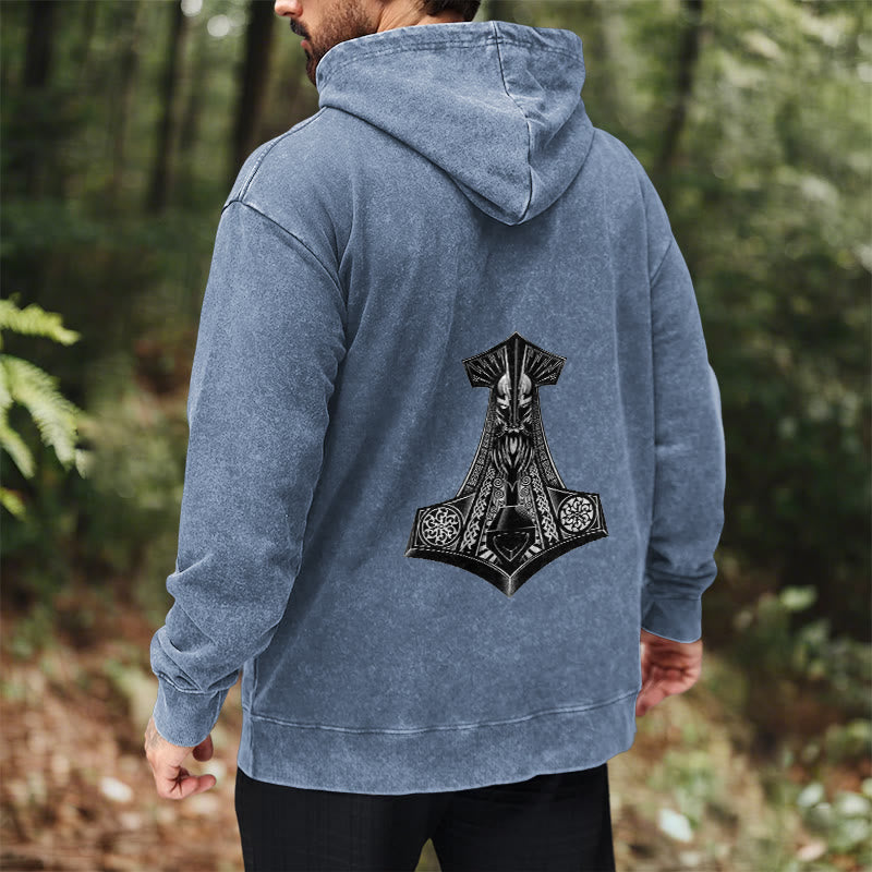 WorldNorse Odin Thor's Hammer Double-Sided Washed Hoodie