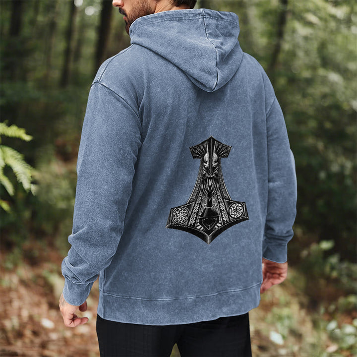 WorldNorse Odin Thor's Hammer Double-Sided Washed Hoodie