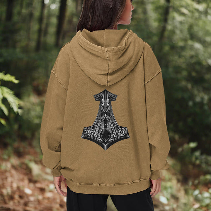 WorldNorse Odin Thor's Hammer Double-Sided Washed Hoodie