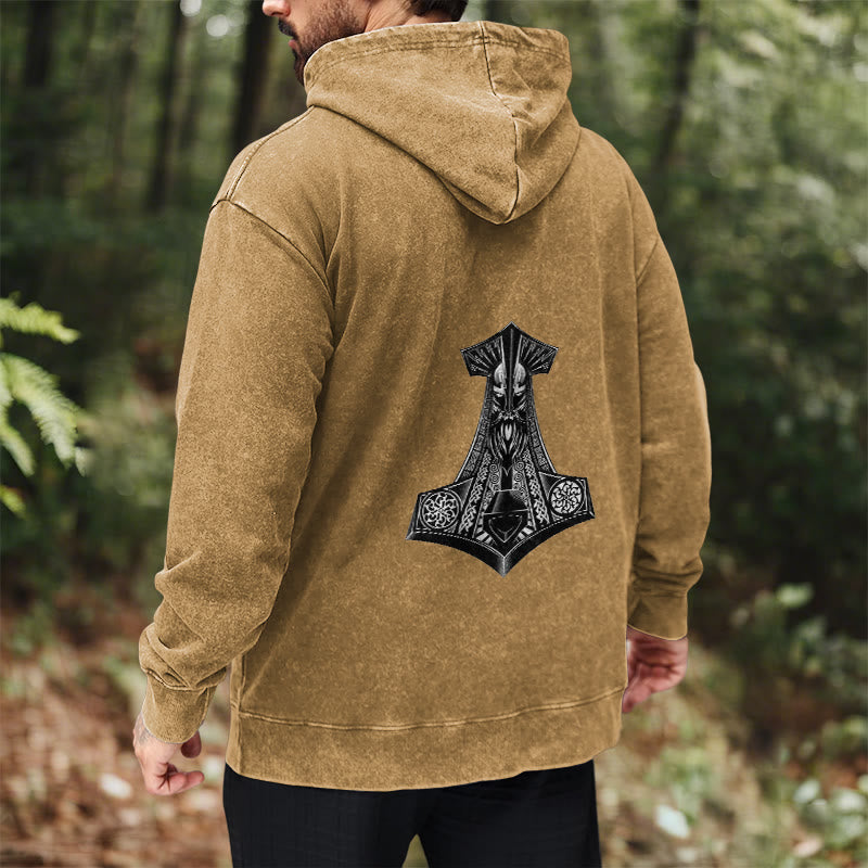 WorldNorse Odin Thor's Hammer Double-Sided Washed Hoodie