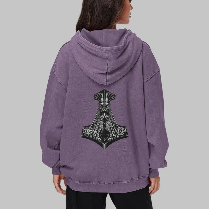 WorldNorse Odin Thor's Hammer Double-Sided Washed Hoodie