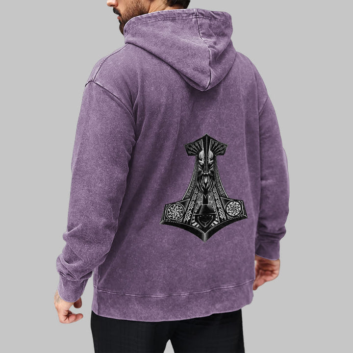 WorldNorse Odin Thor's Hammer Double-Sided Washed Hoodie