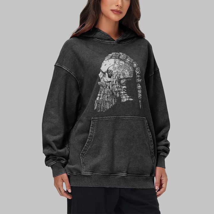 WorldNorse Skull Long Sleeve Washed Hoodie