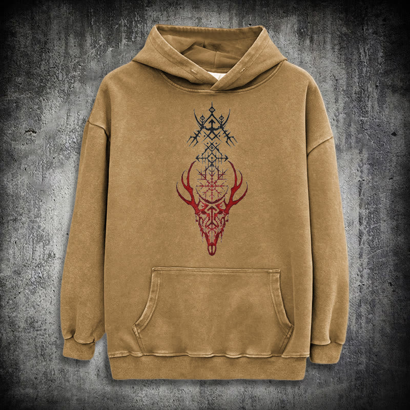 WorldNorse Viking Helm Of Awe Print Washed Hoodie - Khaki - 3XL - image 26