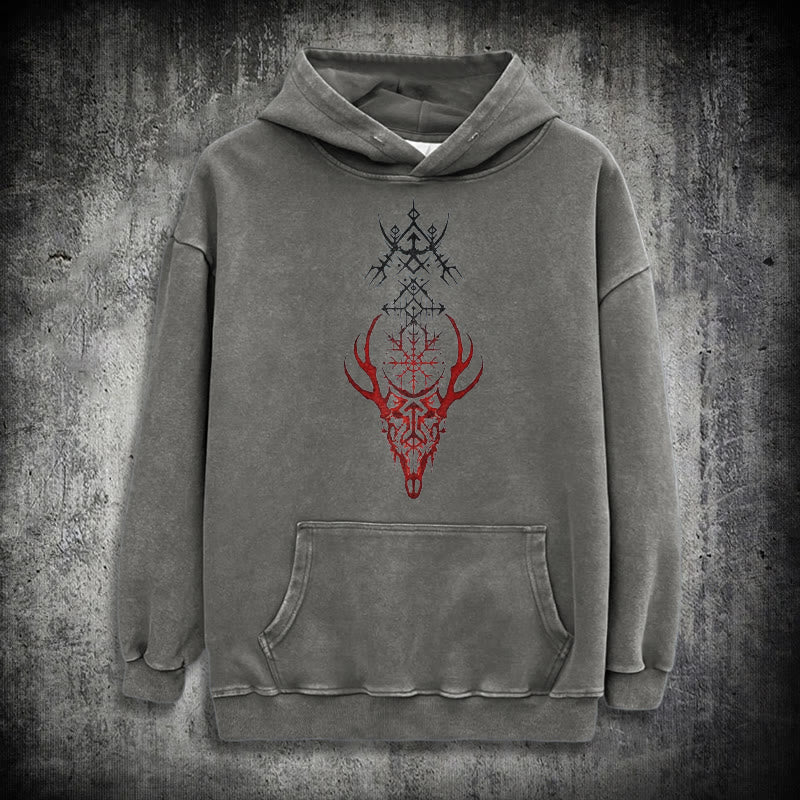 WorldNorse Viking Helm Of Awe Print Washed Hoodie - Grey - 3XL - image 12