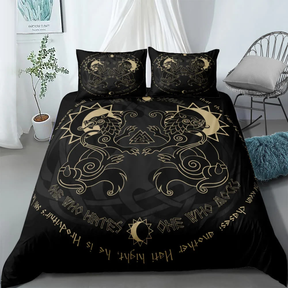 WorldNorse Valknut Raven Bedding Set - Wolves + Valknut - 260X240cm (1 Duvet Cover + 2 Pillow Case) - image 0