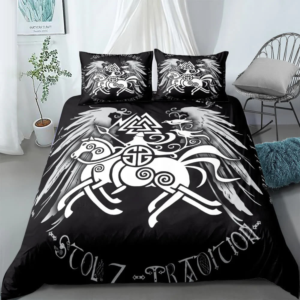WorldNorse Valknut Raven Bedding Set - Horse + Valknut - 260X240cm (1 Duvet Cover + 2 Pillow Case) - image 1