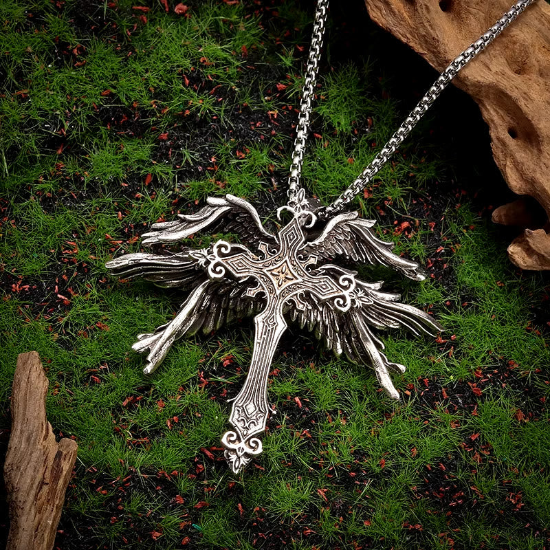 WorldNorse Six-Wing Angel Cross Necklace – Stainless Steel, 60cm Chain