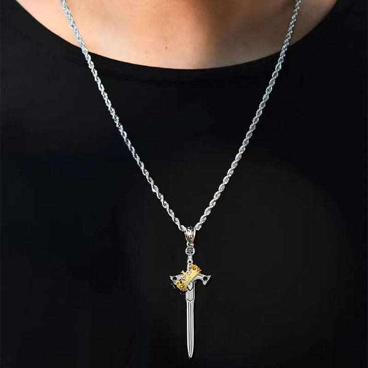 WorldNorse Iced Two Tone Sword & Crown Necklace