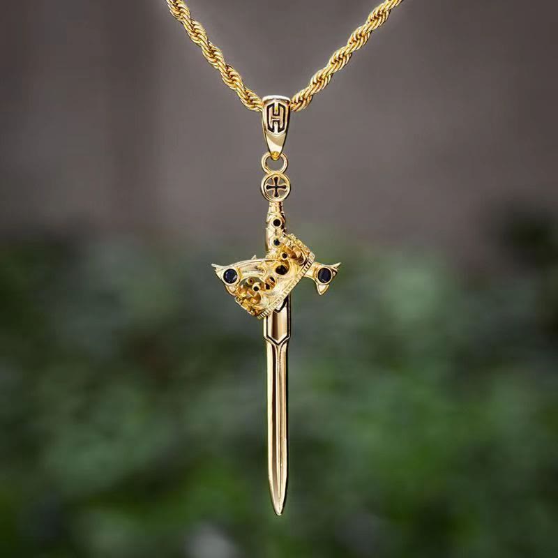 WorldNorse Iced Two Tone Sword & Crown Necklace