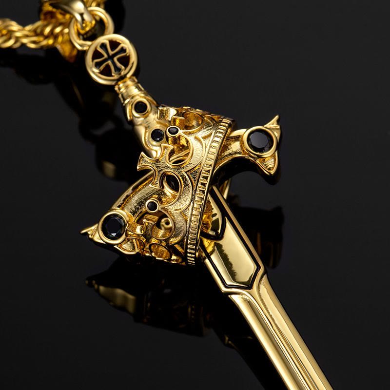 WorldNorse Iced Two Tone Sword & Crown Necklace