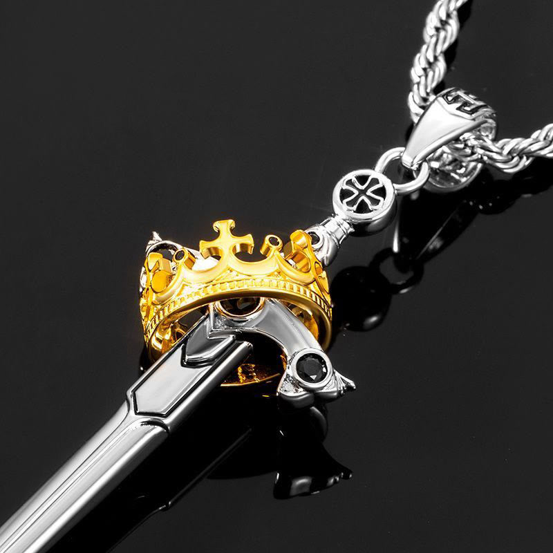 WorldNorse Iced Two Tone Sword & Crown Necklace