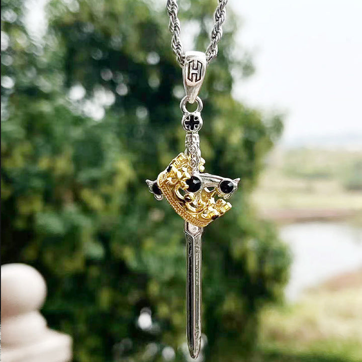 WorldNorse Iced Two Tone Sword & Crown Necklace